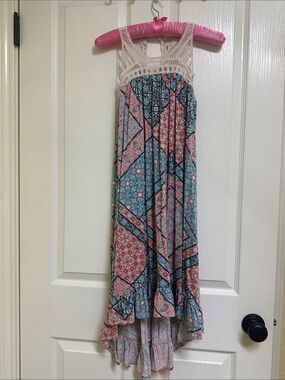 Crochet Yoke cover-up in Teal & Pink Patchwork
